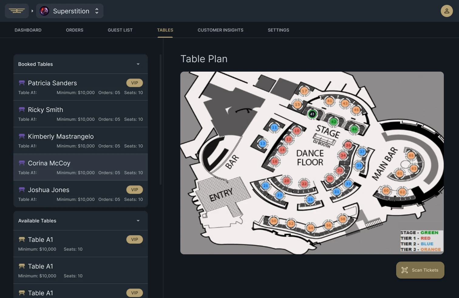 Pilot live venue table plan