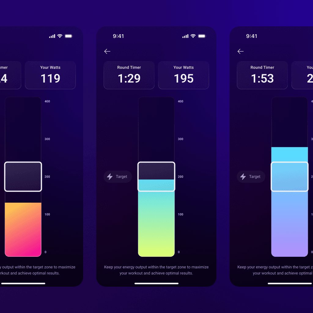 Three phones showing Lumin workout timers with colored progress bars