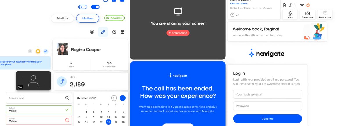 A collage of Navigate screens, including log in, a calendar, screen sharing and a call-ended message