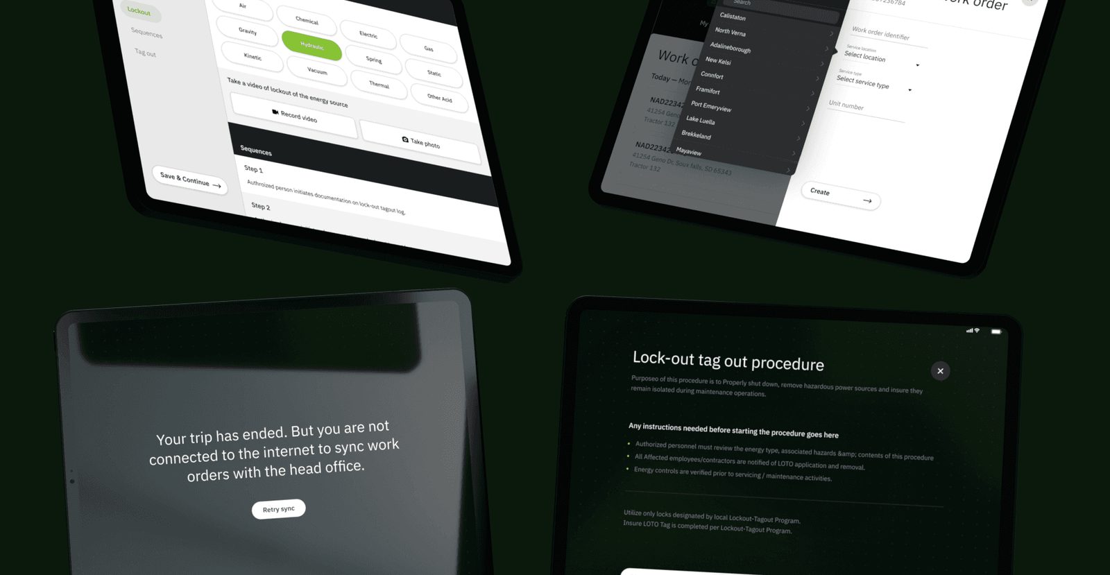 Four tablets showing app screens, including a lock-out tag-out procedure and a sync message