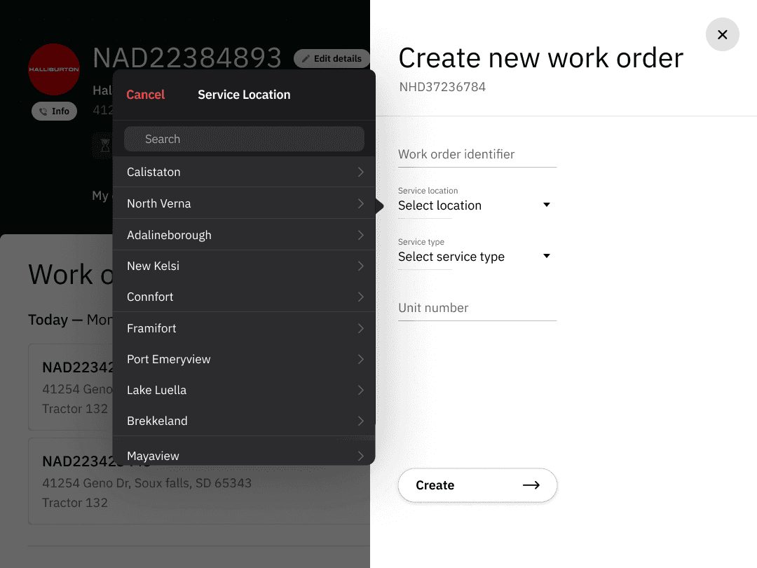 A create new work order form with a service location picker open