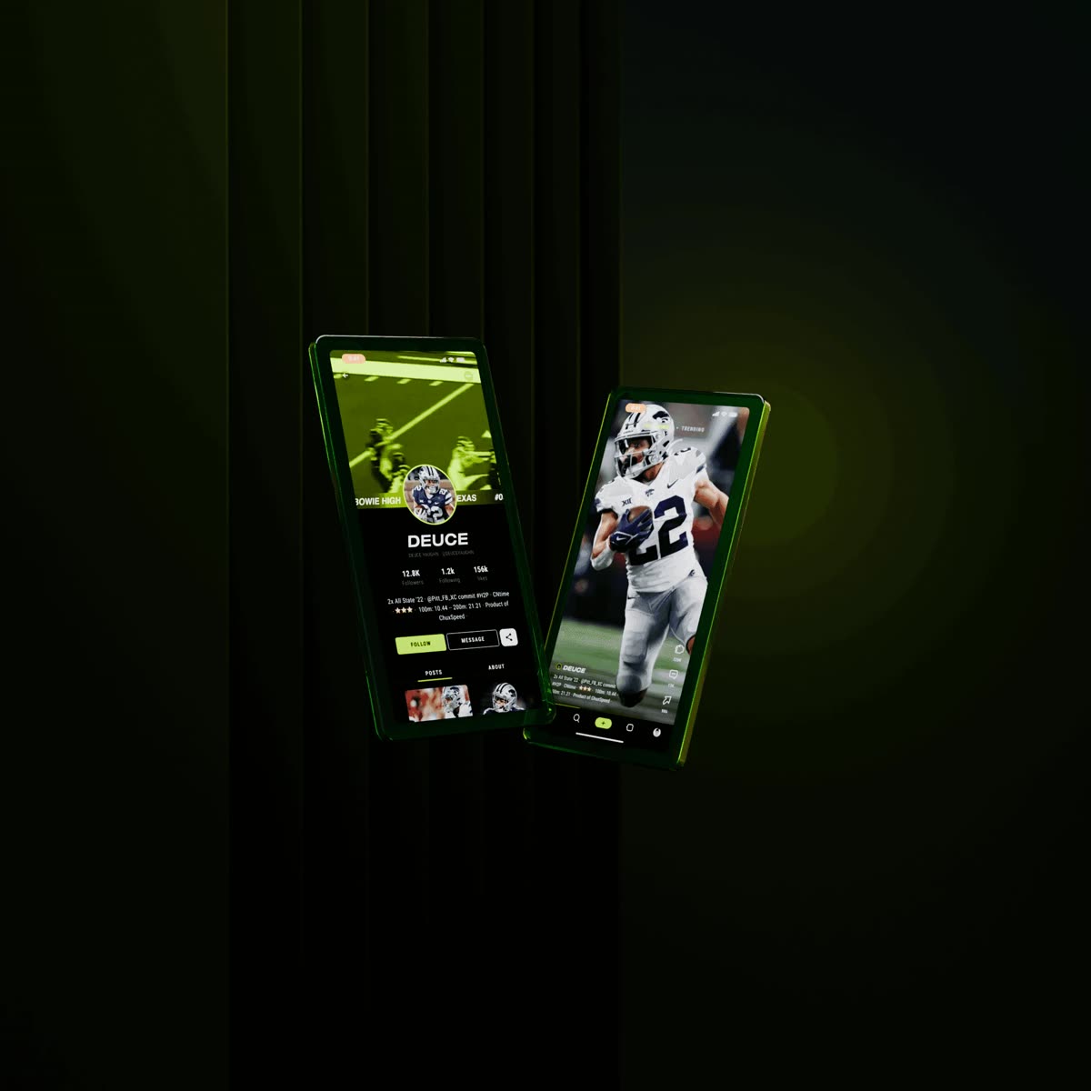 Two RAWW app screens with an athlete profile, floating in the dark
